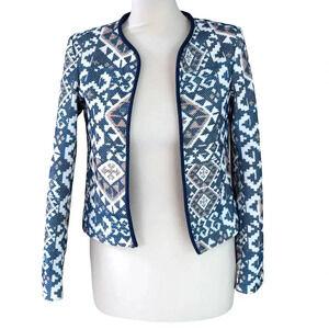 H&M Women's Sz 2 Open Front Blue Blazer Linen Aztec Boho Casual Career